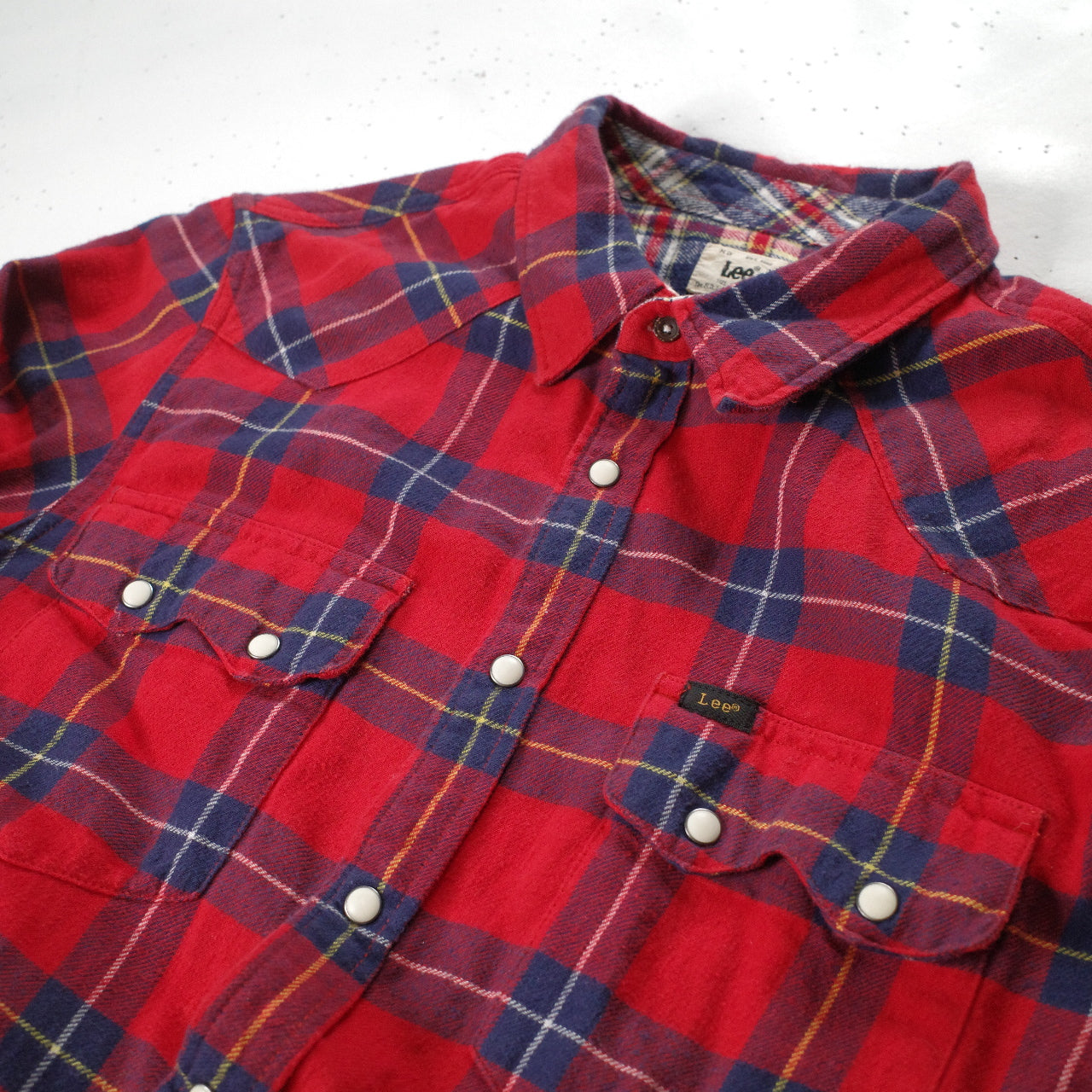 Vintage Lee Western Rider Shirt Flannel Plaid Saw Tooth Pearl-Snap Red Checkered Mens Large Slim Fit