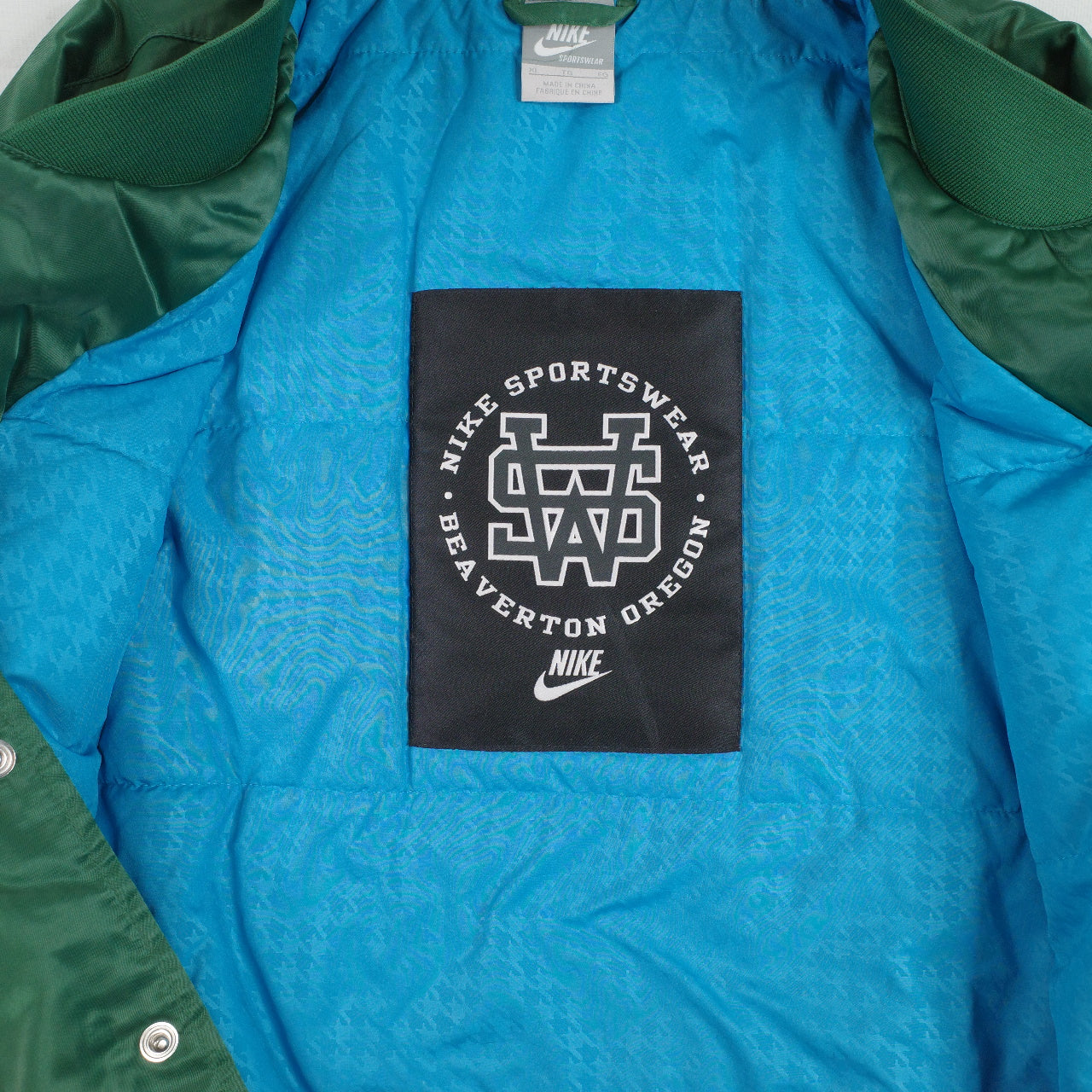 Nike Sportswear Green Satin Varsity Destroyer Bomber Jacket Blue Lined Mens XL