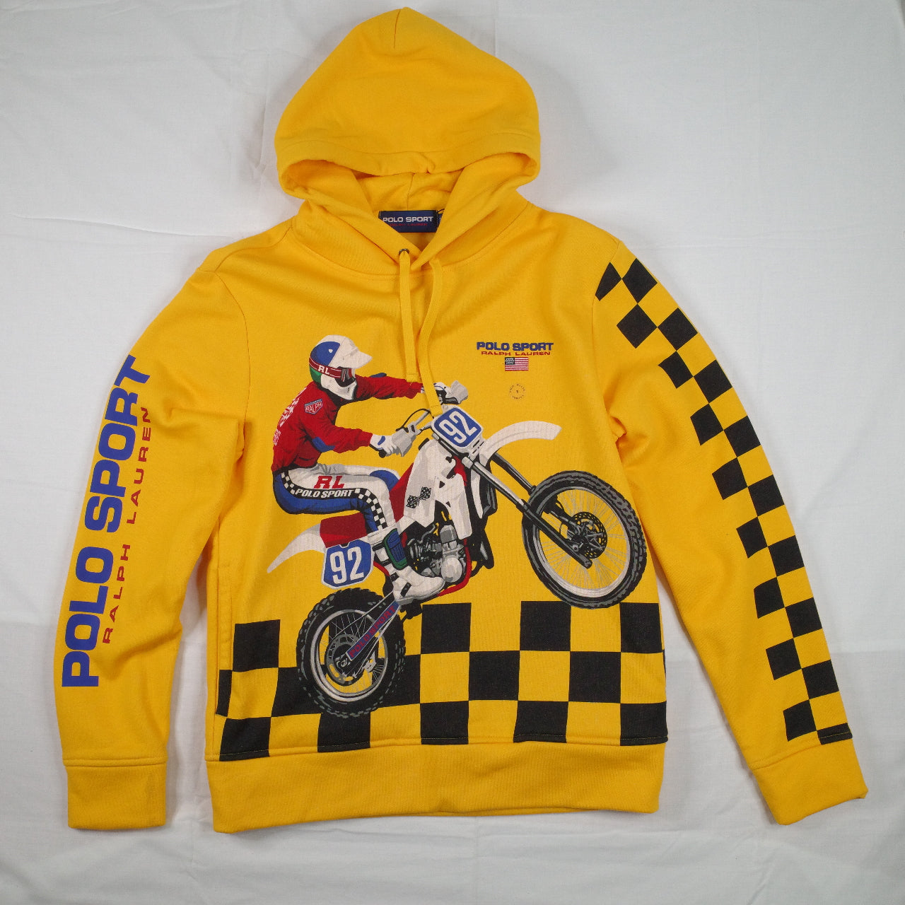 Polo Sport Ralph Lauren Motocross 1992 Yellow Fleece Hooded Sweatshirt Hoodie Mens Small NWT