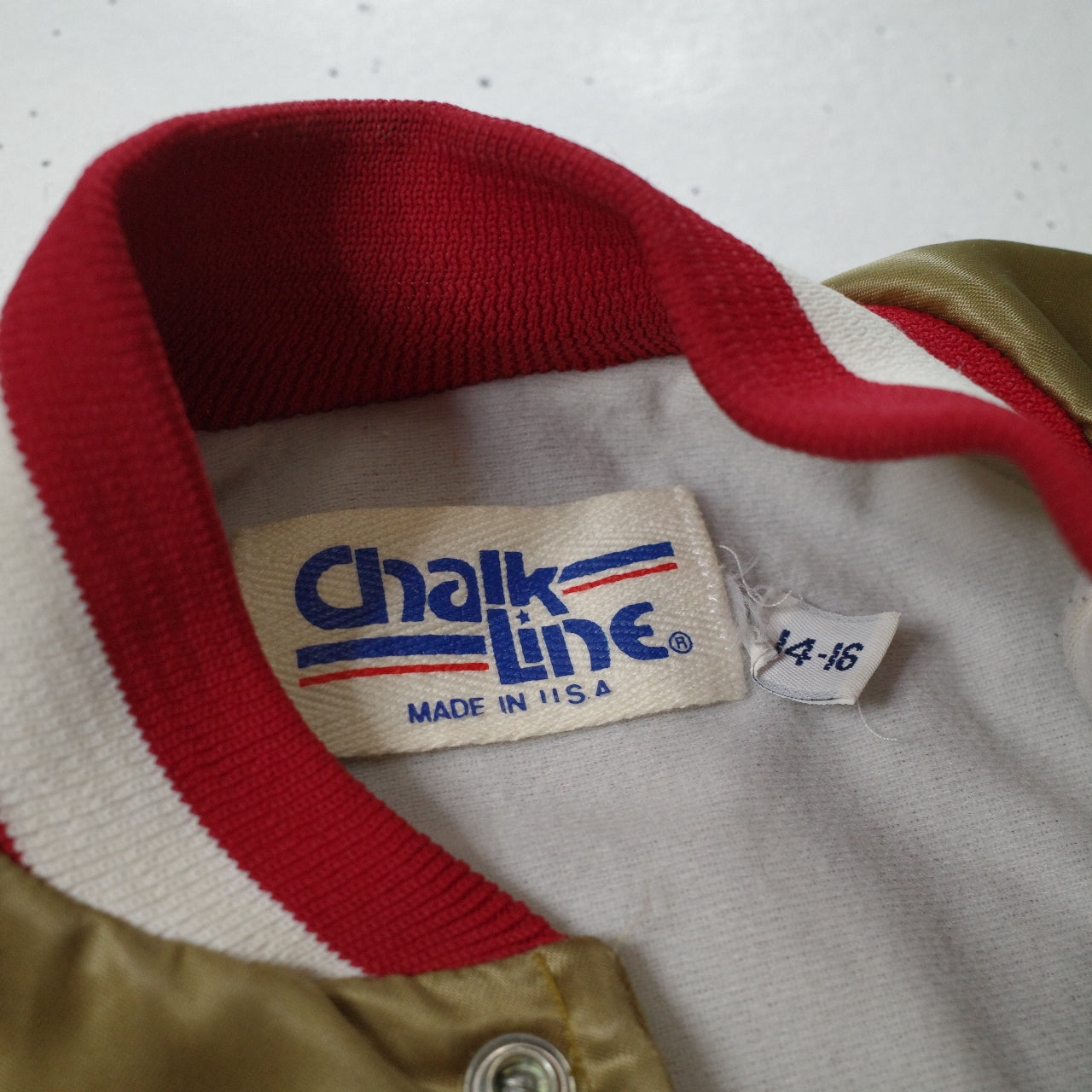 Vtg San Francisco 49ers Chalk Line Gold Satin Bomber Jacket USA Made Boys Youth Sz 14-16