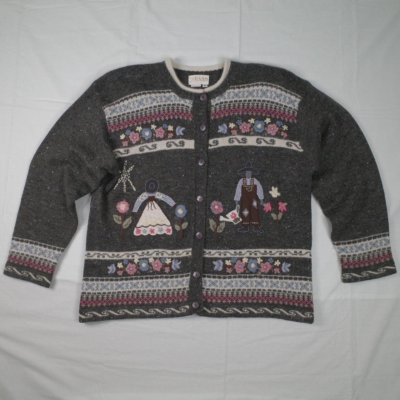 RAAM 90's Acrylic Wool Angora Farmer Love Floral Knit Sweater Cardigan Women's XL