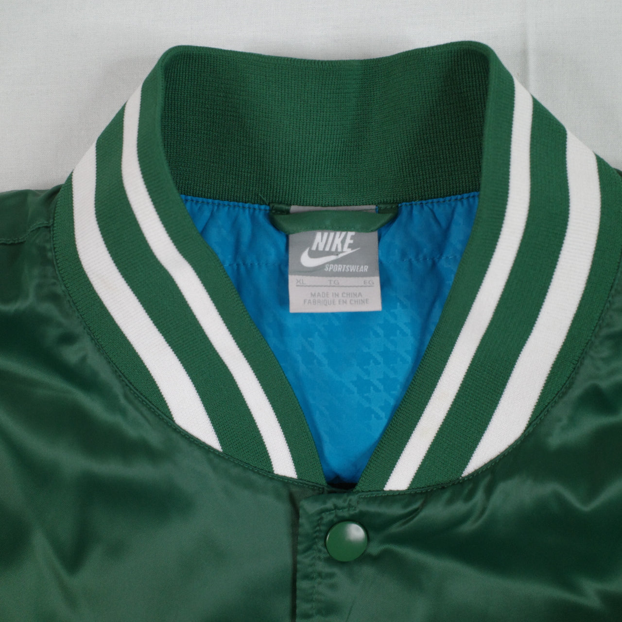 Nike Sportswear Green Satin Varsity Destroyer Bomber Jacket Blue Lined Mens XL
