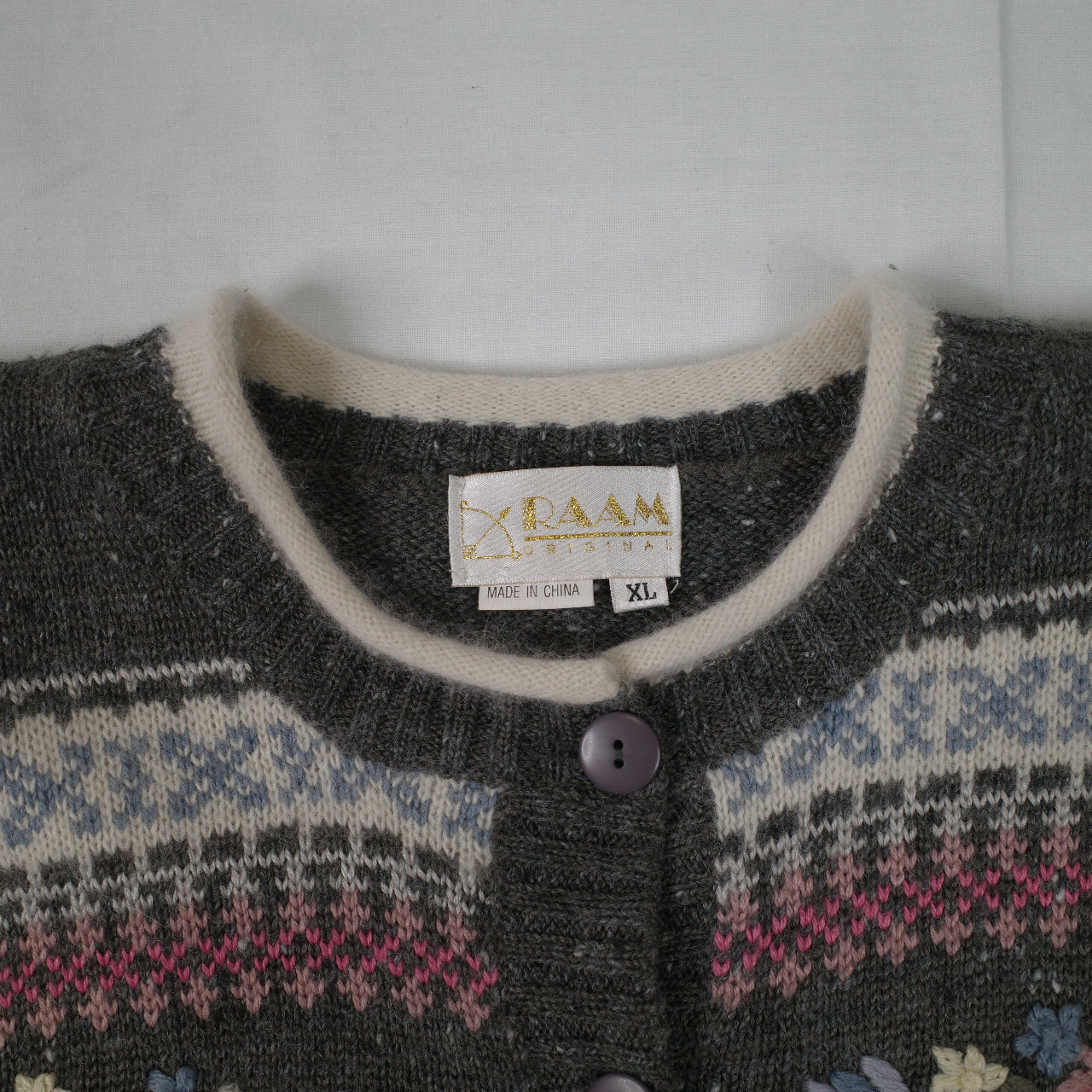 RAAM 90's Acrylic Wool Angora Farmer Love Floral Knit Sweater Cardigan Women's XL