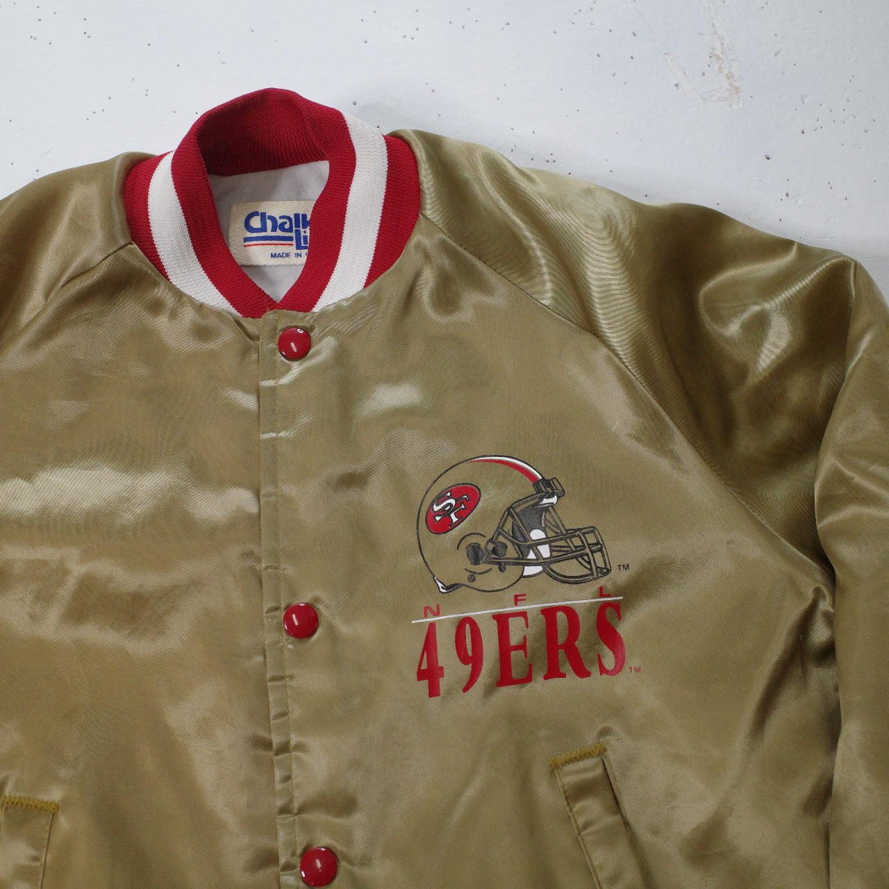 Vtg San Francisco 49ers Chalk Line Gold Satin Bomber Jacket USA Made Boys Youth Sz 14-16