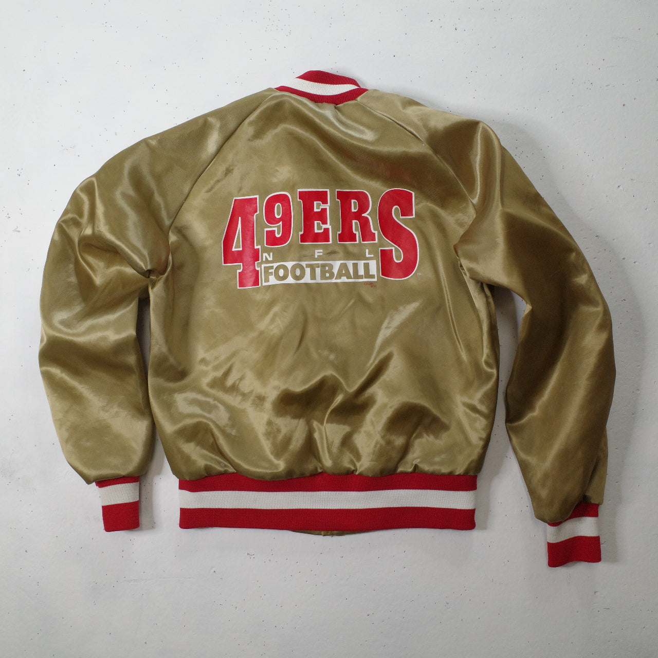 Vtg San Francisco 49ers Chalk Line Gold Satin Bomber Jacket USA Made Boys Youth Sz 14-16