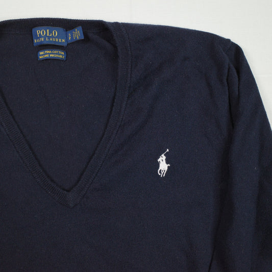 Polo Ralph Lauren Sweater Womens Small Navy Pima Cotton V Neck Knit Pullover