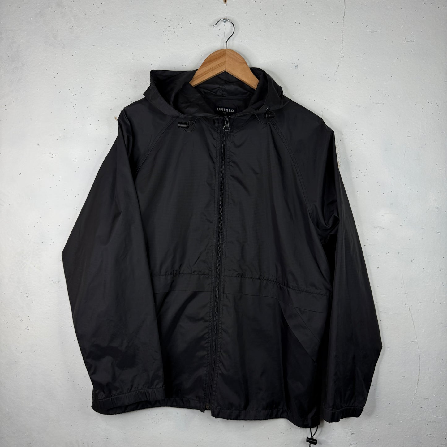 UNIQLO Nylon Hooded Jacket Packable 90s Black Solid Mens Medium