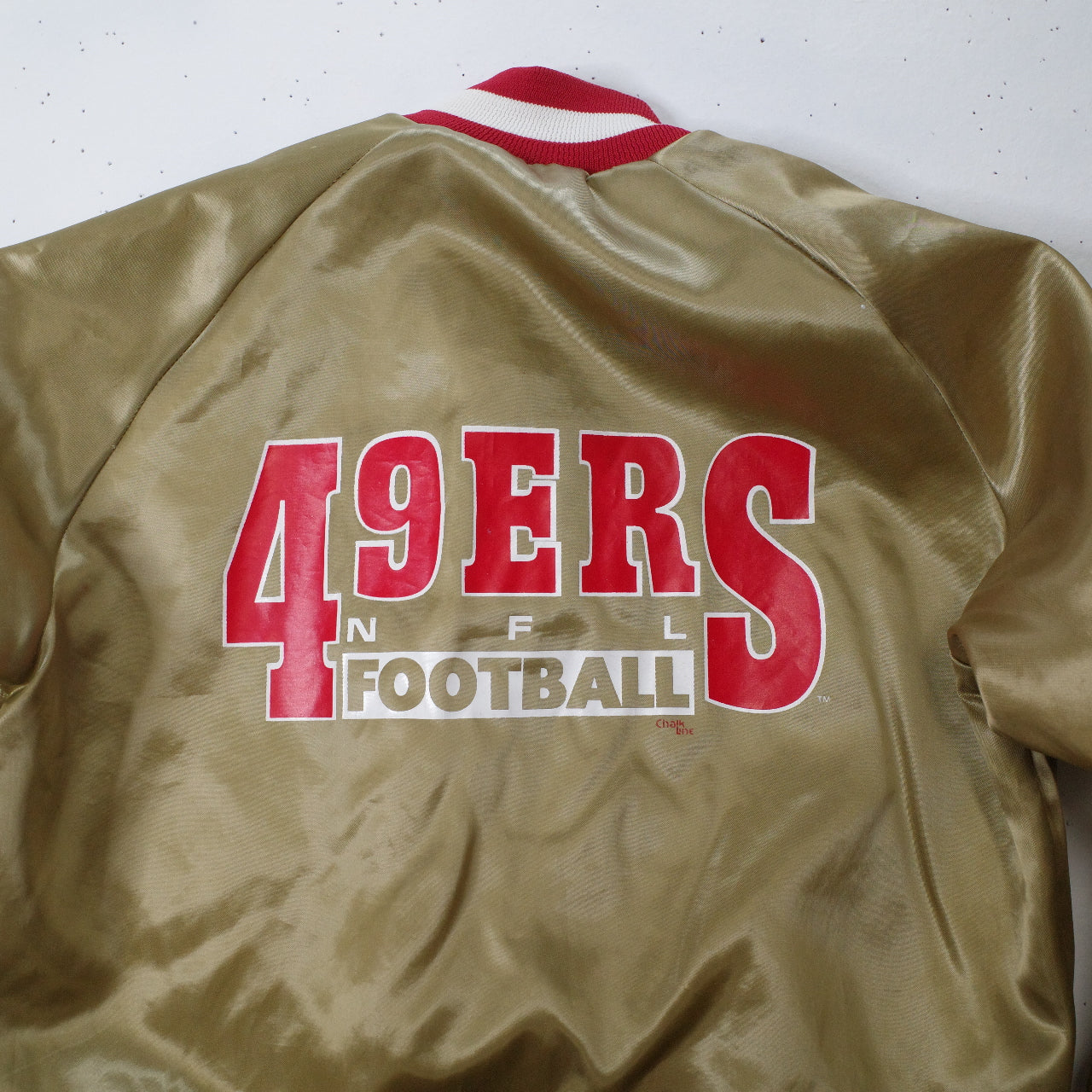 Vtg San Francisco 49ers Chalk Line Gold Satin Bomber Jacket USA Made Boys Youth Sz 14-16