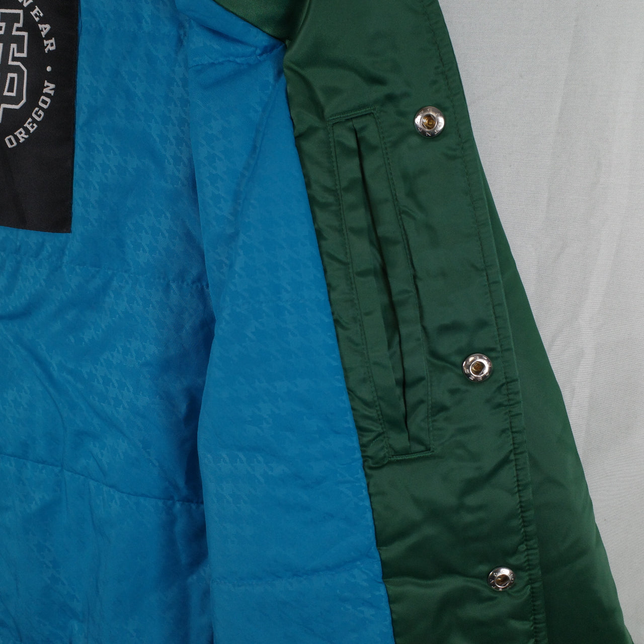 Nike Sportswear Green Satin Varsity Destroyer Bomber Jacket Blue Lined Mens XL
