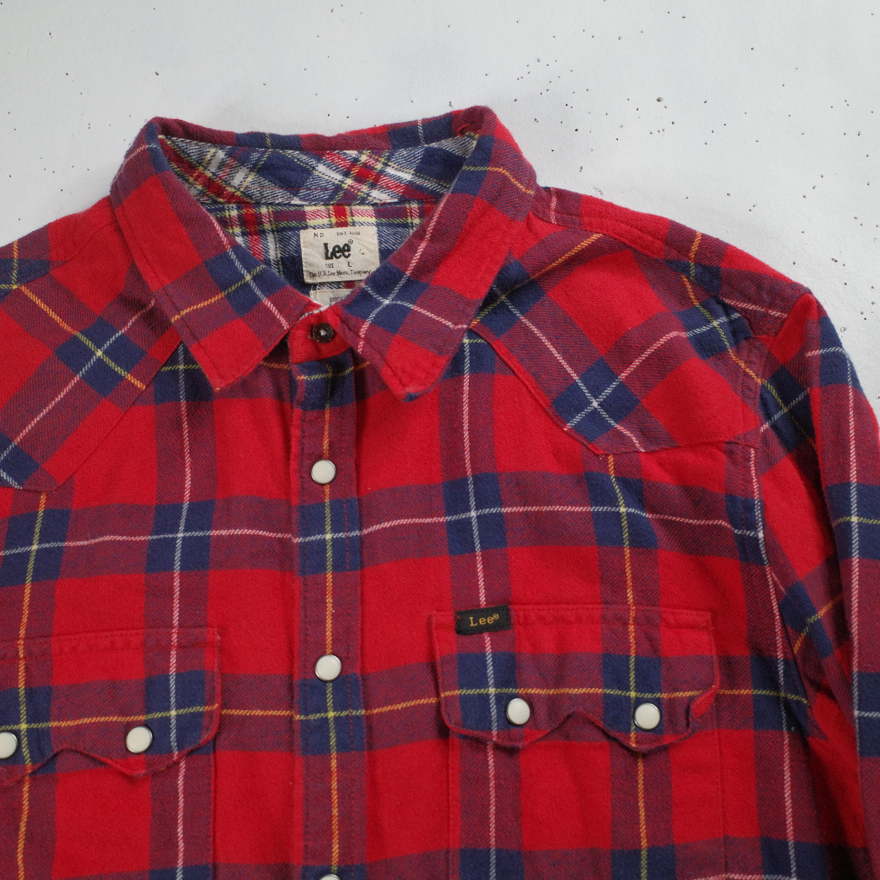 Vintage Lee Western Rider Shirt Flannel Plaid Saw Tooth Pearl-Snap Red Checkered Mens Large Slim Fit