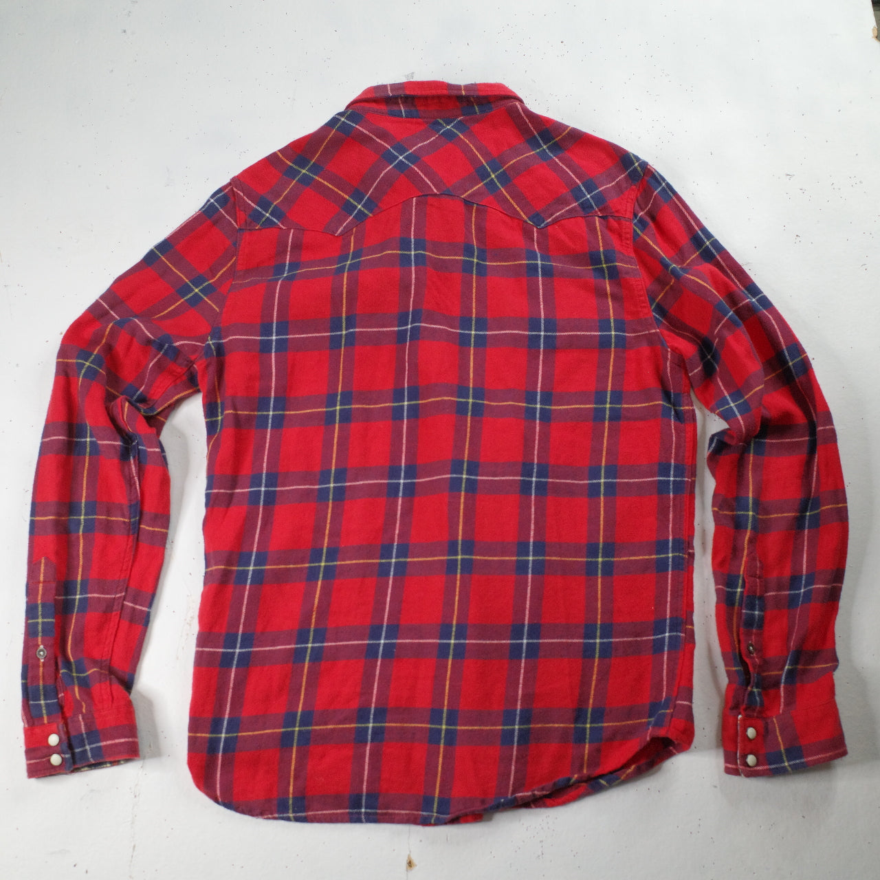 Vintage Lee Western Rider Shirt Flannel Plaid Saw Tooth Pearl-Snap Red Checkered Mens Large Slim Fit