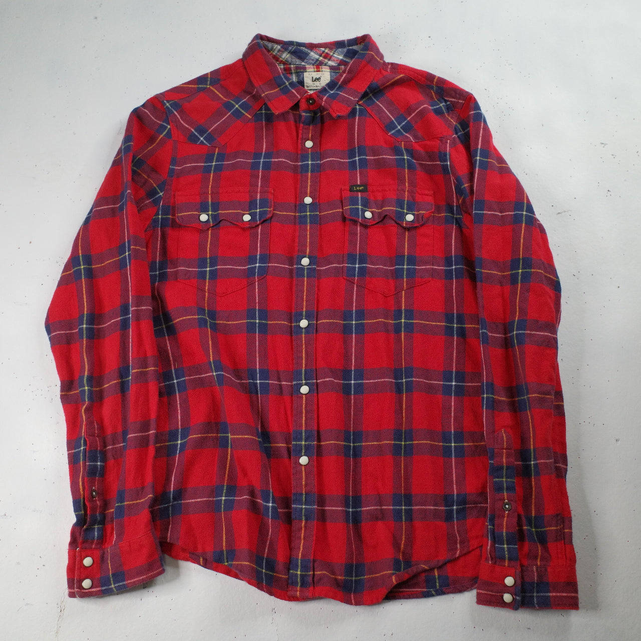Vintage Lee Western Rider Shirt Flannel Plaid Saw Tooth Pearl-Snap Red Checkered Mens Large Slim Fit