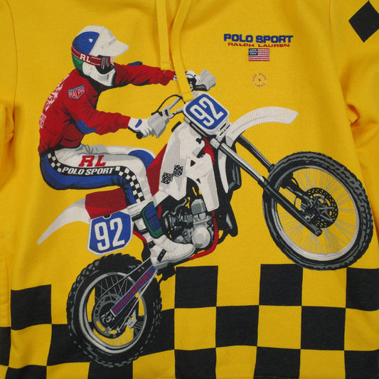 Polo Sport Ralph Lauren Motocross 1992 Yellow Fleece Hooded Sweatshirt Hoodie Mens Small NWT