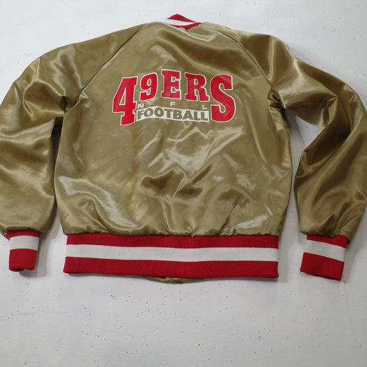 Vtg San Francisco 49ers Chalk Line Gold Satin Bomber Jacket USA Made Boys Youth Sz 14-16