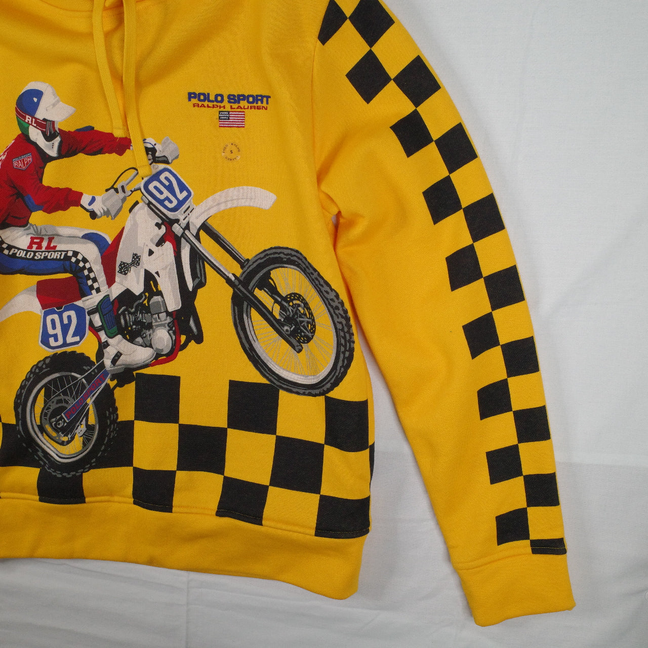 Polo Sport Ralph Lauren Motocross 1992 Yellow Fleece Hooded Sweatshirt Hoodie Mens Small NWT