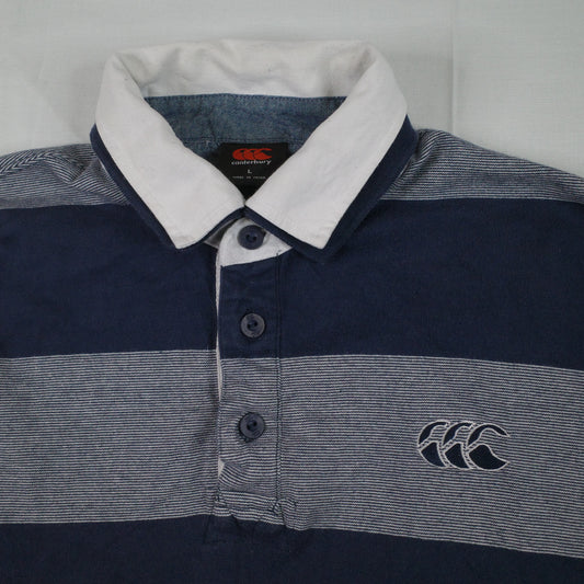 Canterbury Rugby Long Sleeve Polo Striped Pinstripe Blue Double Collar Mens Large