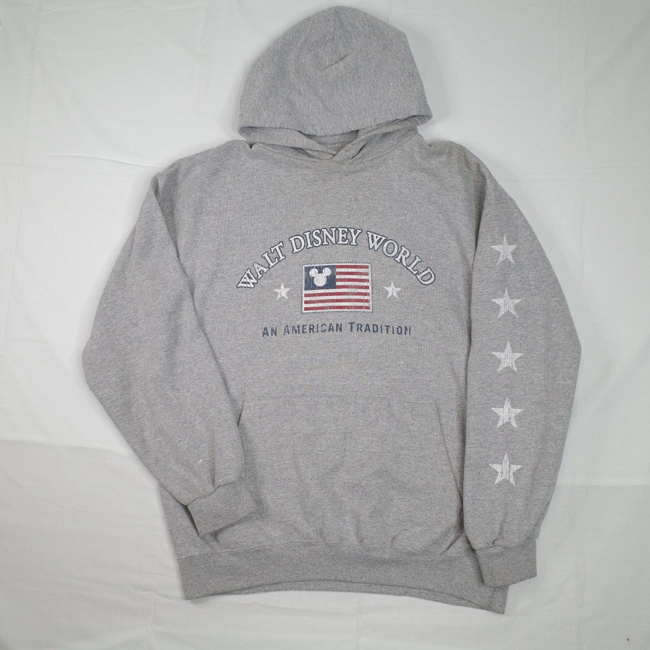 Vintage Walt Disney World An American Tradition Flag Grey Hoodie Mens XL