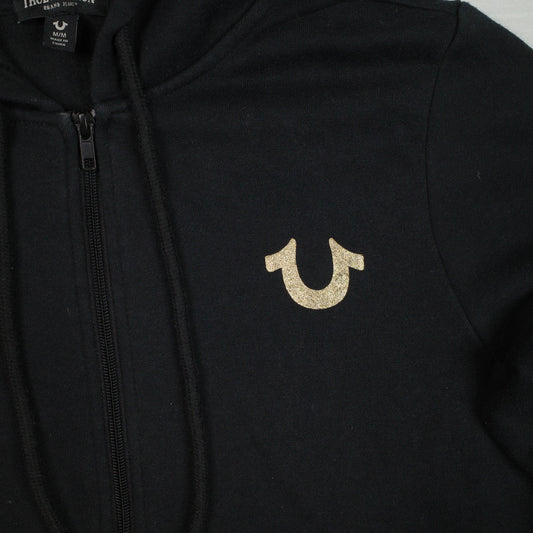 True Religion Women’s Black Full Zip Hoodie Womens Medium Gold Logo