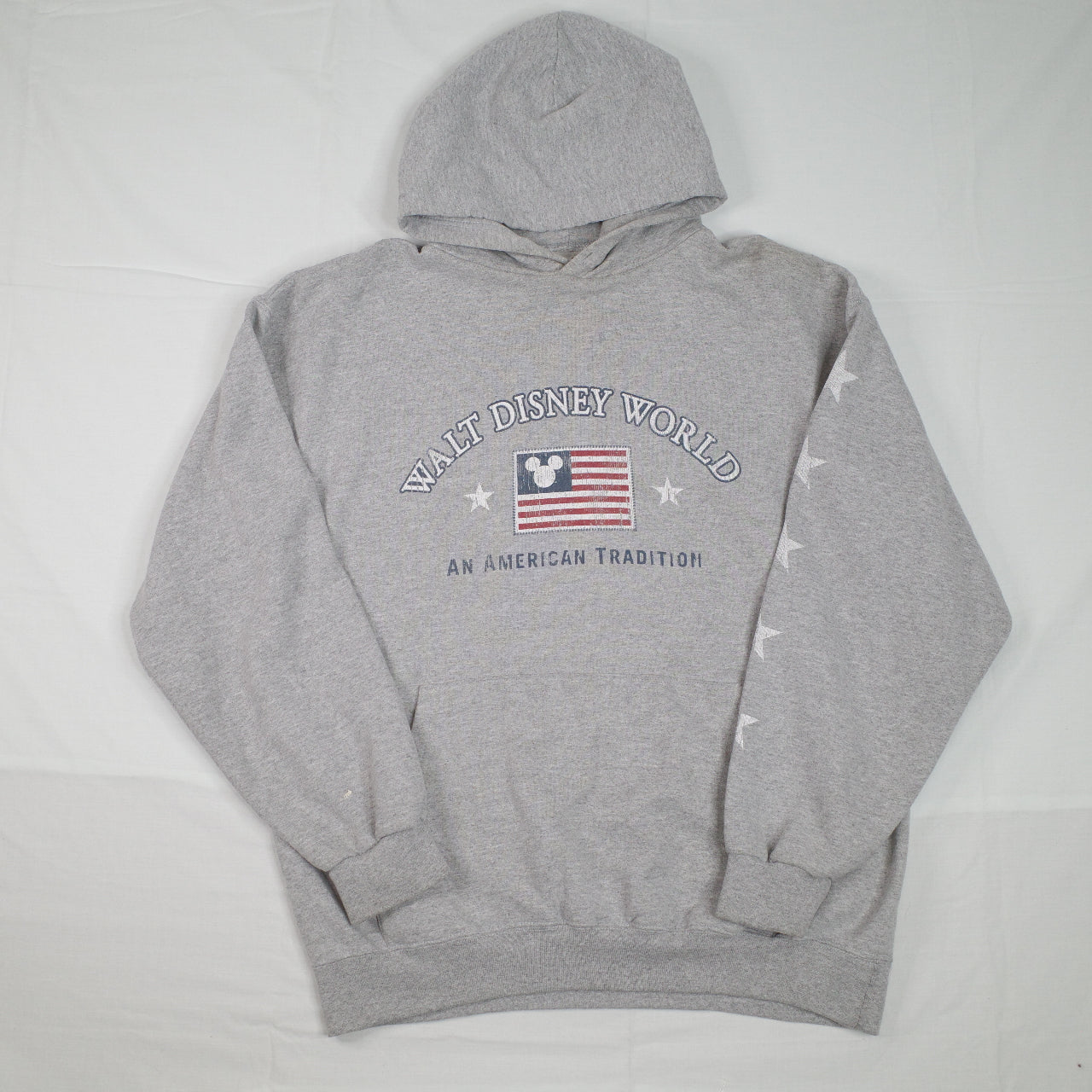 Vintage Walt Disney World An American Tradition Flag Grey Hoodie Mens XL