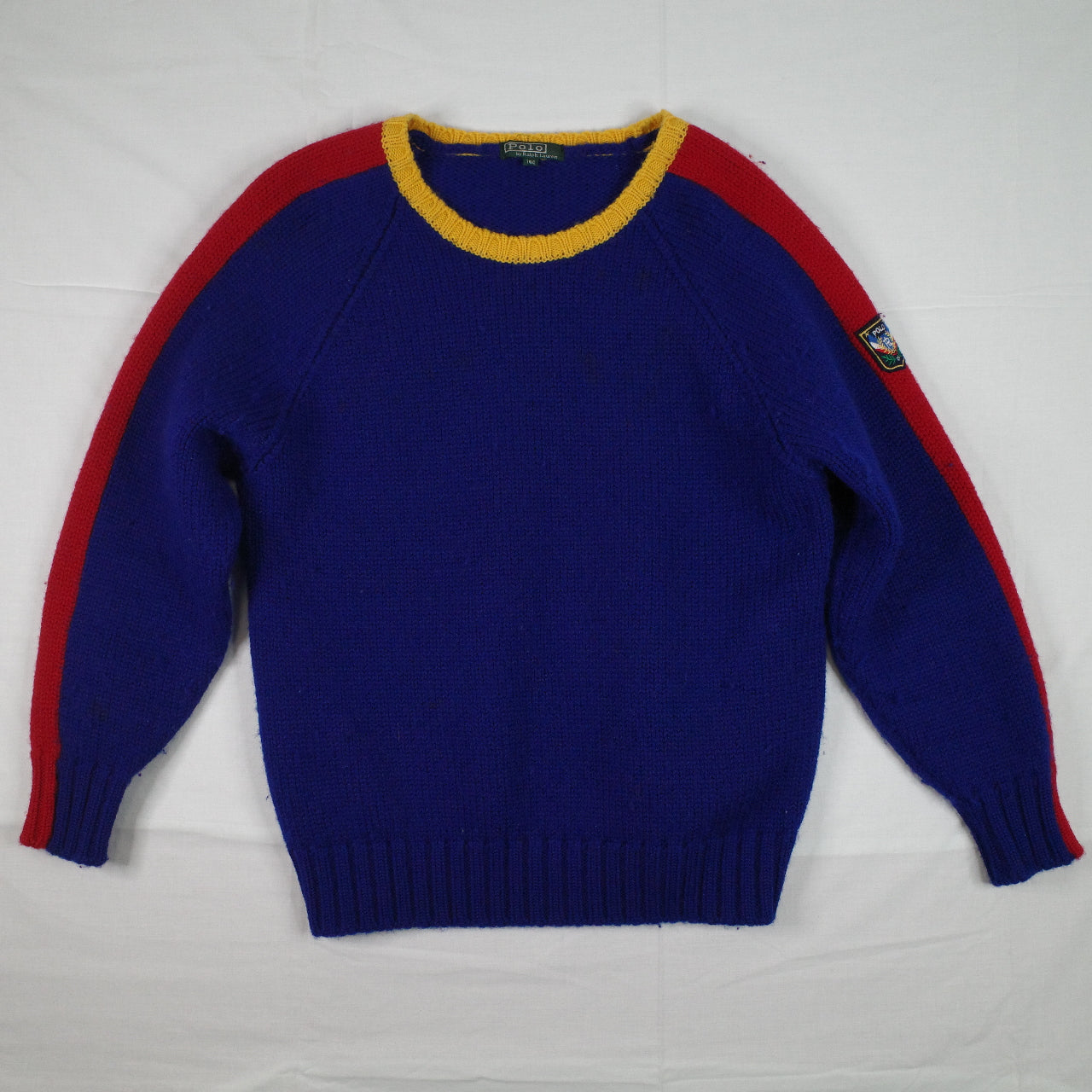 Vintage Ralph Lauren Uni Crest Wool Knit Sweater Blue Red Mens Small