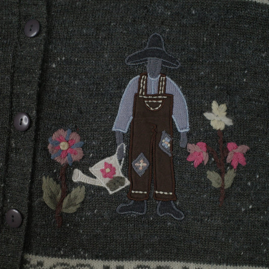 RAAM 90's Acrylic Wool Angora Farmer Love Floral Knit Sweater Cardigan Women's XL