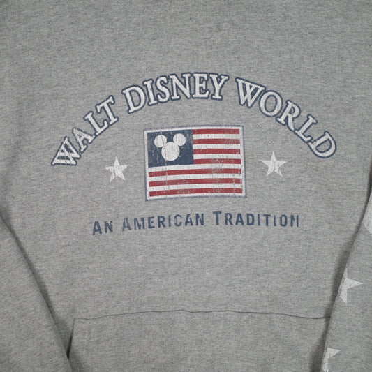 Vintage Walt Disney World An American Tradition Flag Grey Hoodie Mens XL