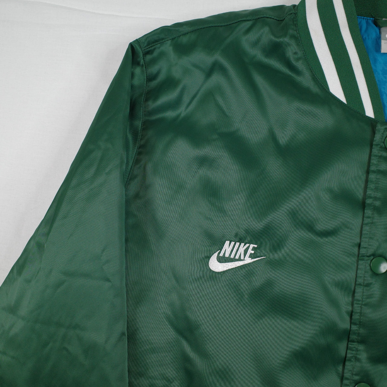 Nike Sportswear Green Satin Varsity Destroyer Bomber Jacket Blue Lined Mens XL