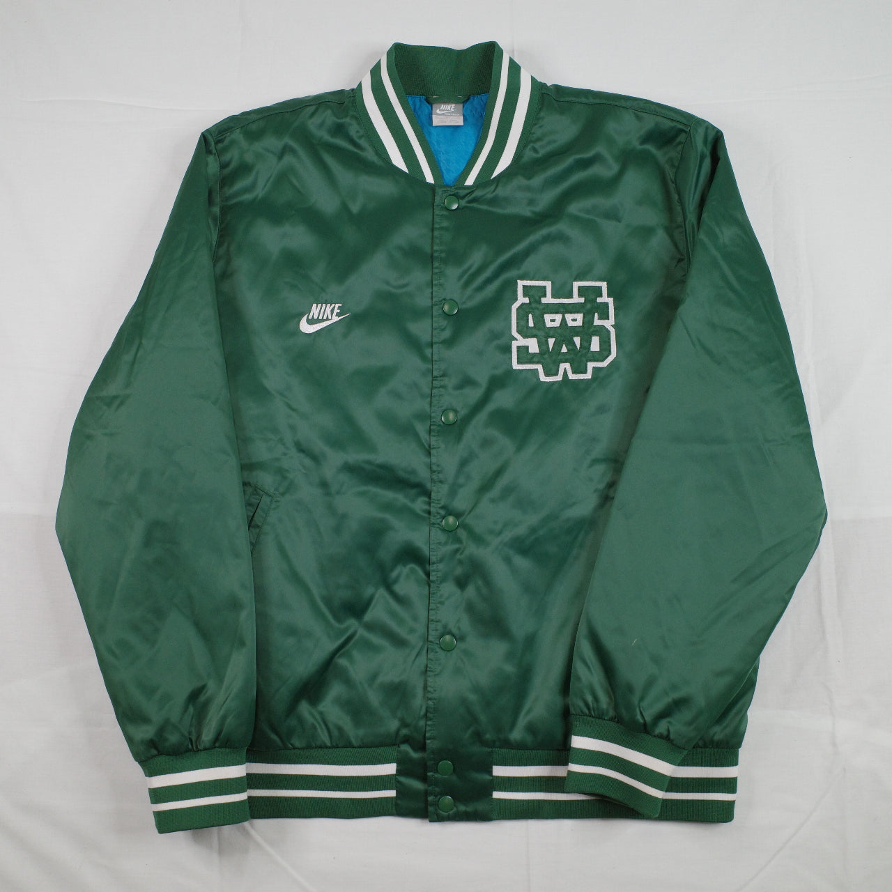 Nike Sportswear Green Satin Varsity Destroyer Bomber Jacket Blue Lined Mens XL