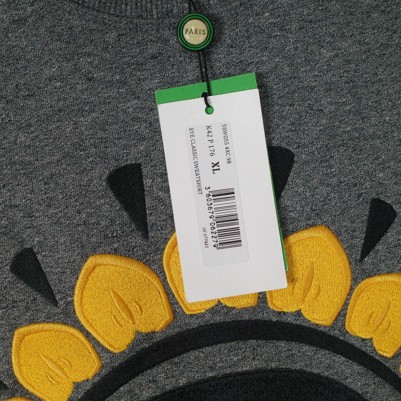 Kenzo Paris Embroidered Eye Sweatshirt Gray Crew Neck Graphic Print Mens XL NWT