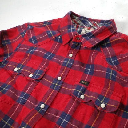 Vintage Lee Western Rider Shirt Flannel Plaid Saw Tooth Pearl-Snap Red Checkered Mens Large Slim Fit