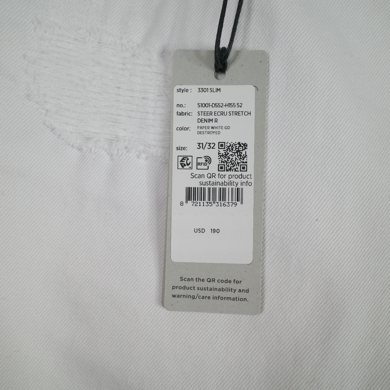 G-Star RAW 3301 Slim Jeans Mens 31x32 White Paper Destroyed Stretch Denim Pants NEW