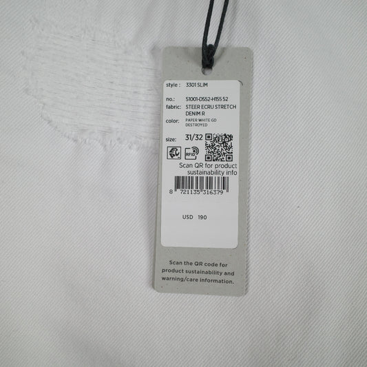 G-Star RAW 3301 Slim Jeans Mens 31x32 White Paper Destroyed Stretch Denim Pants NEW