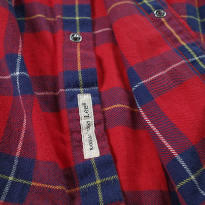 Vintage Lee Western Rider Shirt Flannel Plaid Saw Tooth Pearl-Snap Red Checkered Mens Large Slim Fit