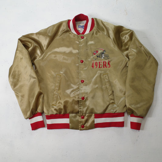 Vtg San Francisco 49ers Chalk Line Gold Satin Bomber Jacket USA Made Boys Youth Sz 14-16