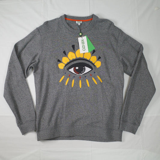 Kenzo Paris Embroidered Eye Sweatshirt Gray Crew Neck Graphic Print Mens XL NWT