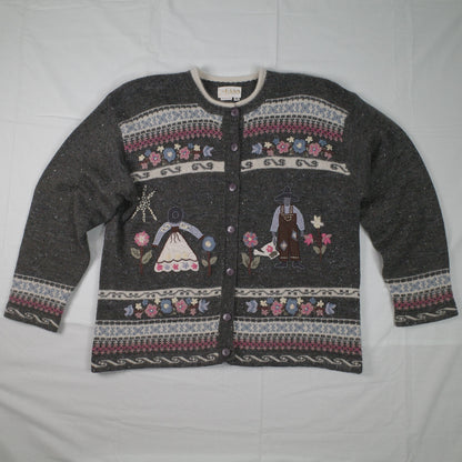 RAAM 90's Acrylic Wool Angora Farmer Love Floral Knit Sweater Cardigan Women's XL