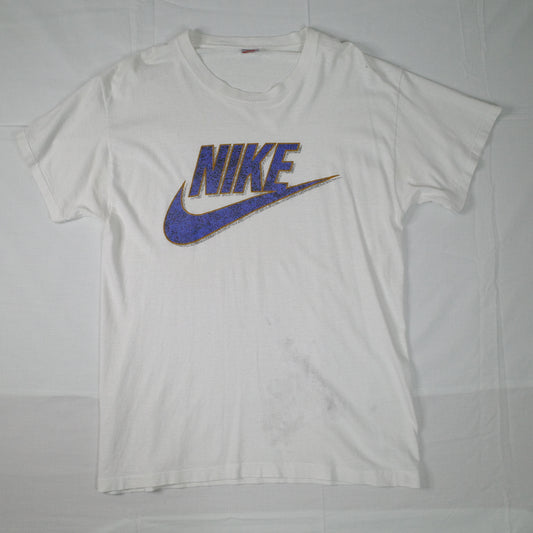 Vintage Nike White Logo Splatter Purple Swoosh Graphic T-Shirt Mens Large
