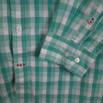 Tommy Hilfiger Button Up Shirt Mens Large Green Grid 80s 2-Ply Fabric Casual