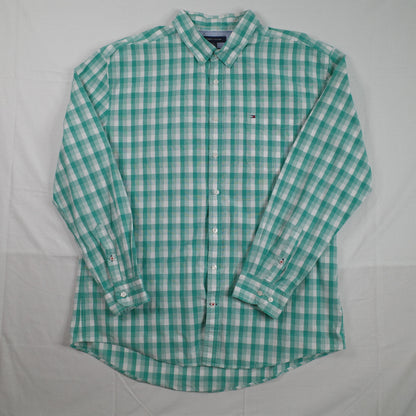 Tommy Hilfiger Button Up Shirt Mens Large Green Grid 80s 2-Ply Fabric Casual
