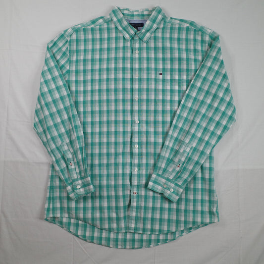 Tommy Hilfiger Button Up Shirt Mens Large Green Grid 80s 2-Ply Fabric Casual