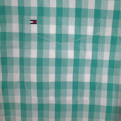 Tommy Hilfiger Button Up Shirt Mens Large Green Grid 80s 2-Ply Fabric Casual