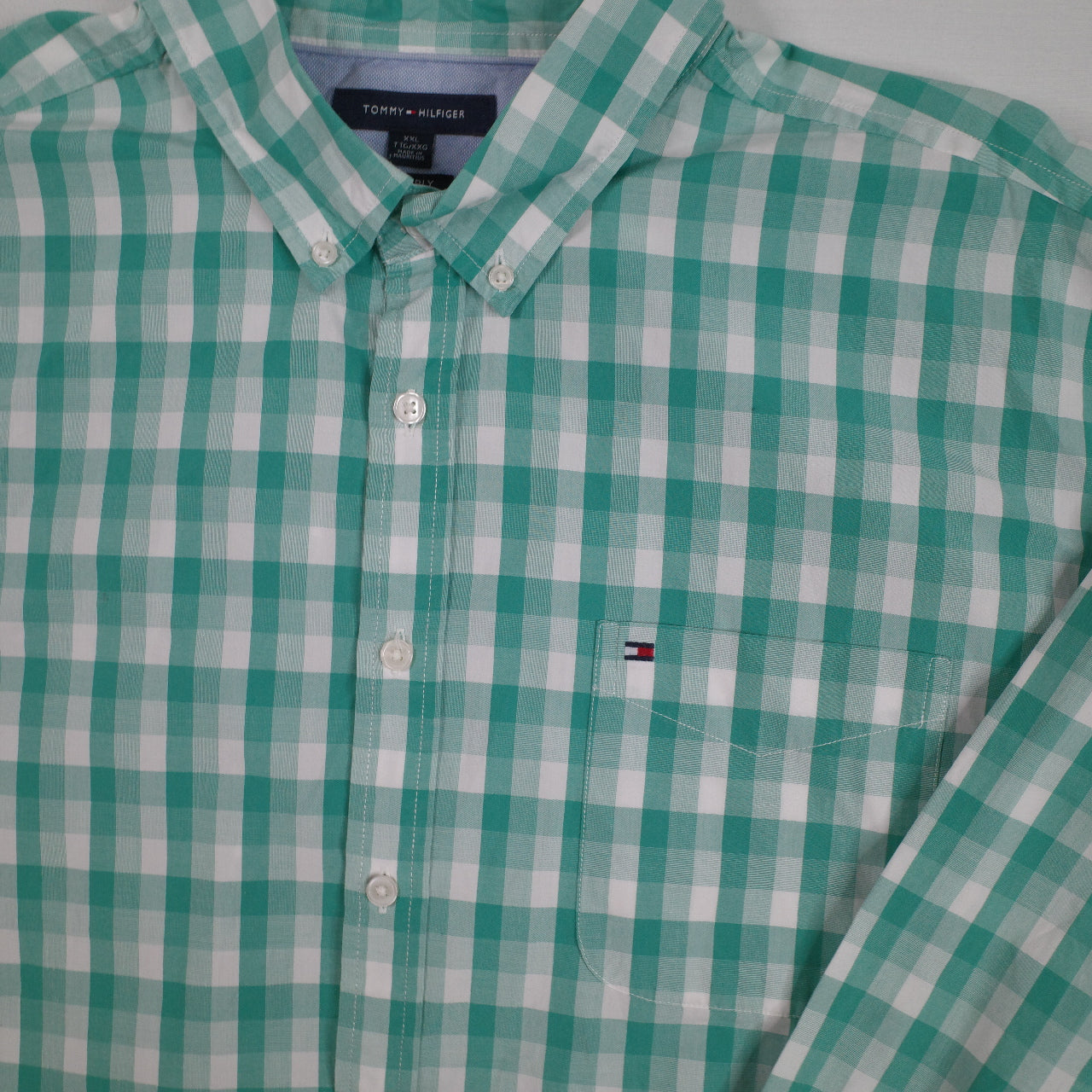 Tommy Hilfiger Button Up Shirt Mens Large Green Grid 80s 2-Ply Fabric Casual