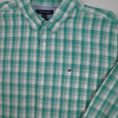 Tommy Hilfiger Button Up Shirt Mens Large Green Grid 80s 2-Ply Fabric Casual