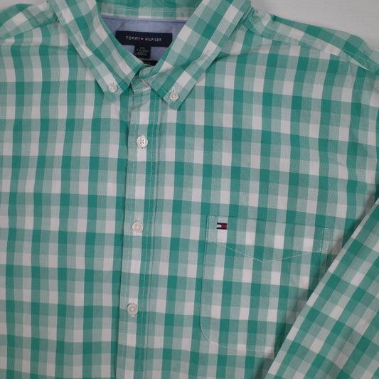 Tommy Hilfiger Button Up Shirt Mens Large Green Grid 80s 2-Ply Fabric Casual