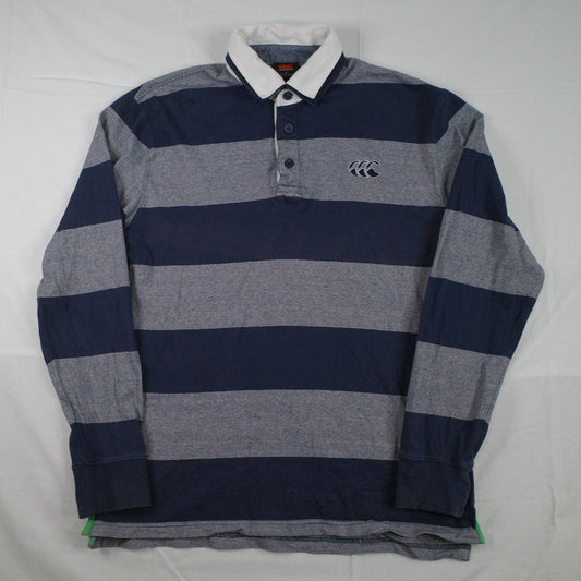 Canterbury Rugby Long Sleeve Polo Striped Pinstripe Blue Double Collar Mens Large