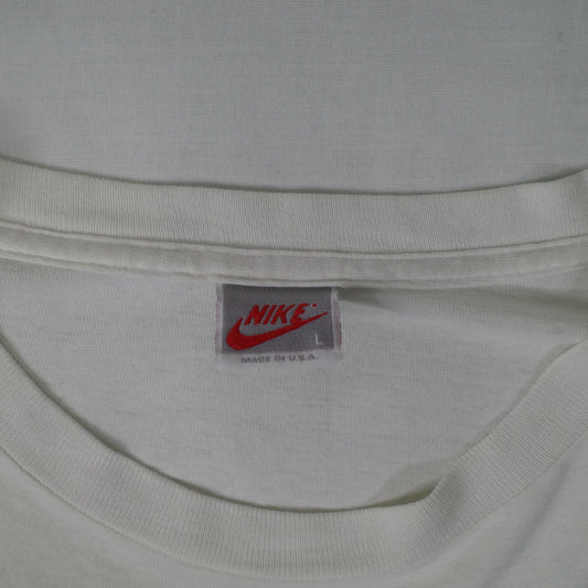 Vintage Nike White Logo Splatter Purple Swoosh Graphic T-Shirt Mens Large