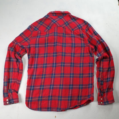 Vintage Lee Western Rider Shirt Flannel Plaid Saw Tooth Pearl-Snap Red Checkered Mens Large Slim Fit