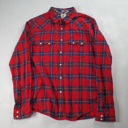 Vintage Lee Western Rider Shirt Flannel Plaid Saw Tooth Pearl-Snap Red Checkered Mens Large Slim Fit