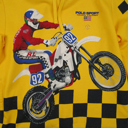 Polo Sport Ralph Lauren Motocross 1992 Yellow Fleece Hooded Sweatshirt Hoodie Mens Small NWT
