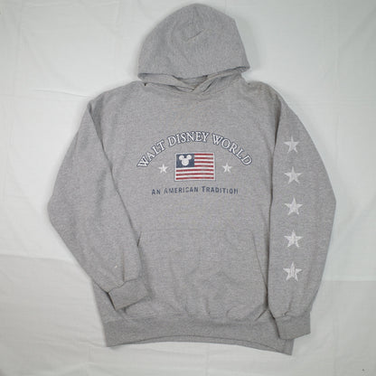 Vintage Walt Disney World An American Tradition Flag Grey Hoodie Mens XL